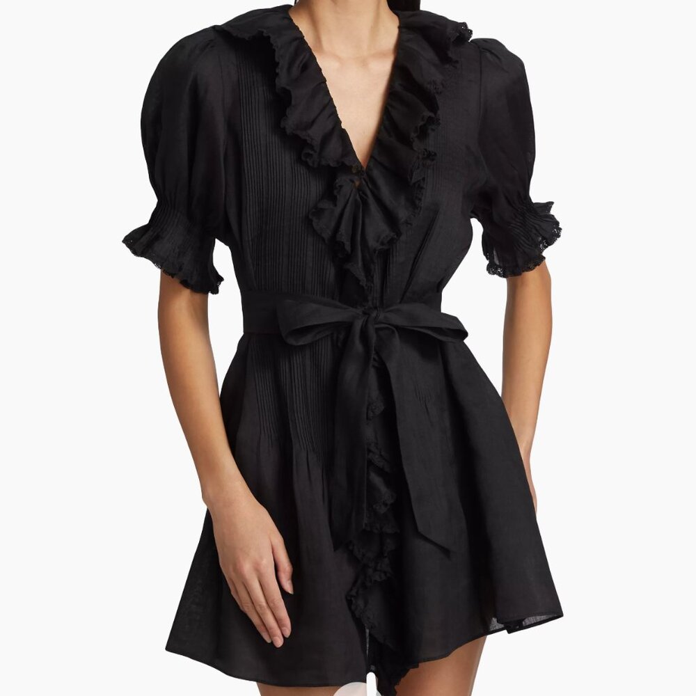 DÔEN Piper Ruffle Tie-Waist Minidress Black